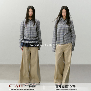 CyNi【格纹信笺】复古长袖衬衫上衣套装设计感荷叶边格子屁帘可拆