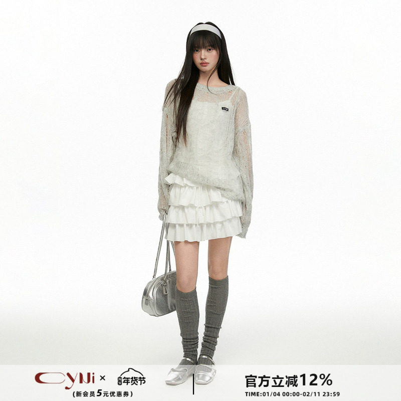 CyNi 套头镂空设计感针织罩衫设计感防晒连帽上衣女透气薄款长袖o