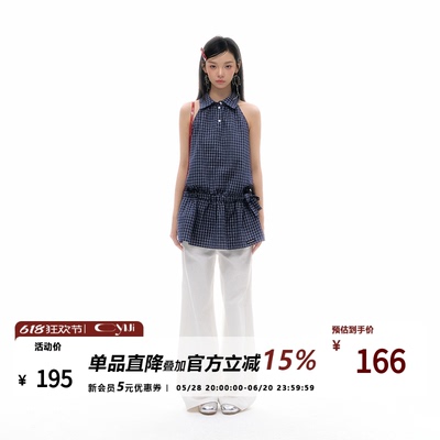CyNi 蓝色格纹宽松显瘦娃娃裙短裙翻领抽褶无袖连衣裙上衣夏女