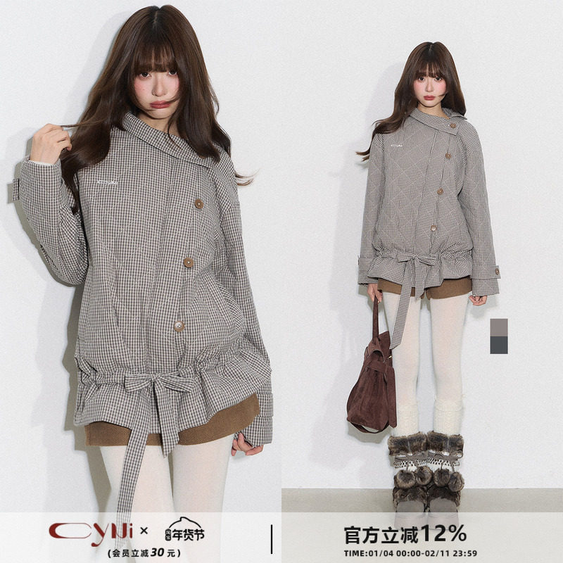 CyNi【冬日来信】设计感复古百搭荷叶边下摆上衣格子斜襟绗棉外套,女装/女士精品,棉衣/棉服,淘宝优惠券,粉丝福利购,淘宝优惠卷