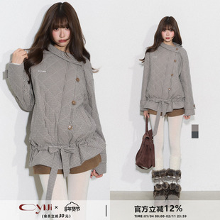 CyNi【冬日来信】设计感复古百搭荷叶边下摆上衣格子斜襟绗棉外套