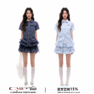 CyNi 复古格纹小圆领下摆花边上衣学院风拼接抽褶短袖格衬衫女