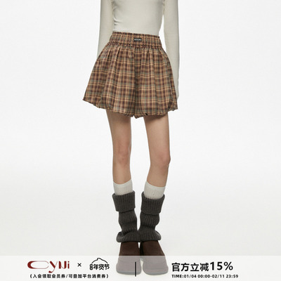 CyNi  复古甜美kiki百搭格子蛋糕裙南瓜蓬蓬短裤女