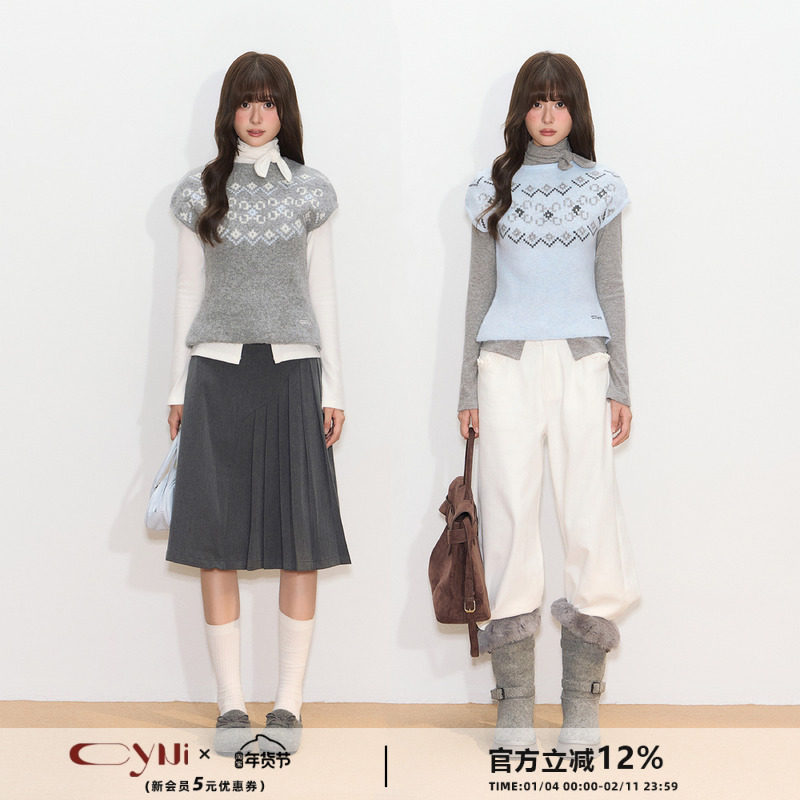 CyNi 复古撞色叠穿圆领短袖毛衣百花绒费尔岛毛织背心马甲女,女装/女士精品,毛衣,淘宝优惠券,粉丝福利购,淘宝优惠卷