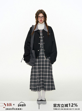 CyNi 美式格子拼接夹克外套夹棉加厚翻领上衣2024秋女宽松设计感o