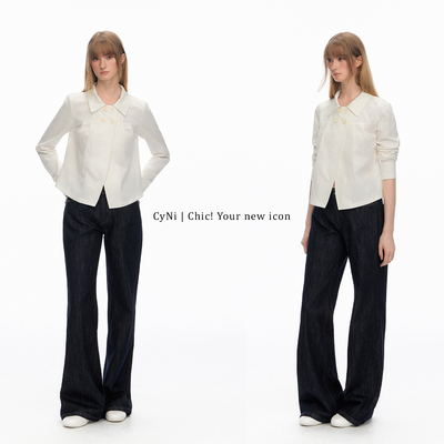 CyNi【素白心事】莱赛尔天丝A字形双排扣长袖衬衫显瘦百搭休闲
