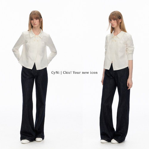CyNi【素白心事】莱赛尔天丝A字形双排扣长袖衬衫显瘦百搭休闲