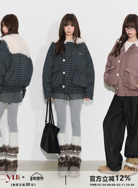 CyNi【月光圆舞曲】复古减龄宽松加厚夹克毛绒海军领格子棉服外套