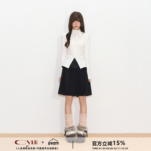 CyNi 设计感修身正肩高领T恤蝴蝶结绑带下摆开叉针织打底上衣女