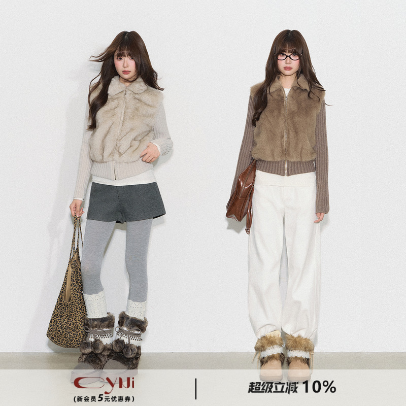 CyNi【焦糖午后】美拉德复古毛绒拼接短款上衣假两件毛毛外套女