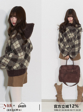 CyNi【格间絮语】复古休闲百搭圆领毛衣针织拼接格纹毛呢外套女