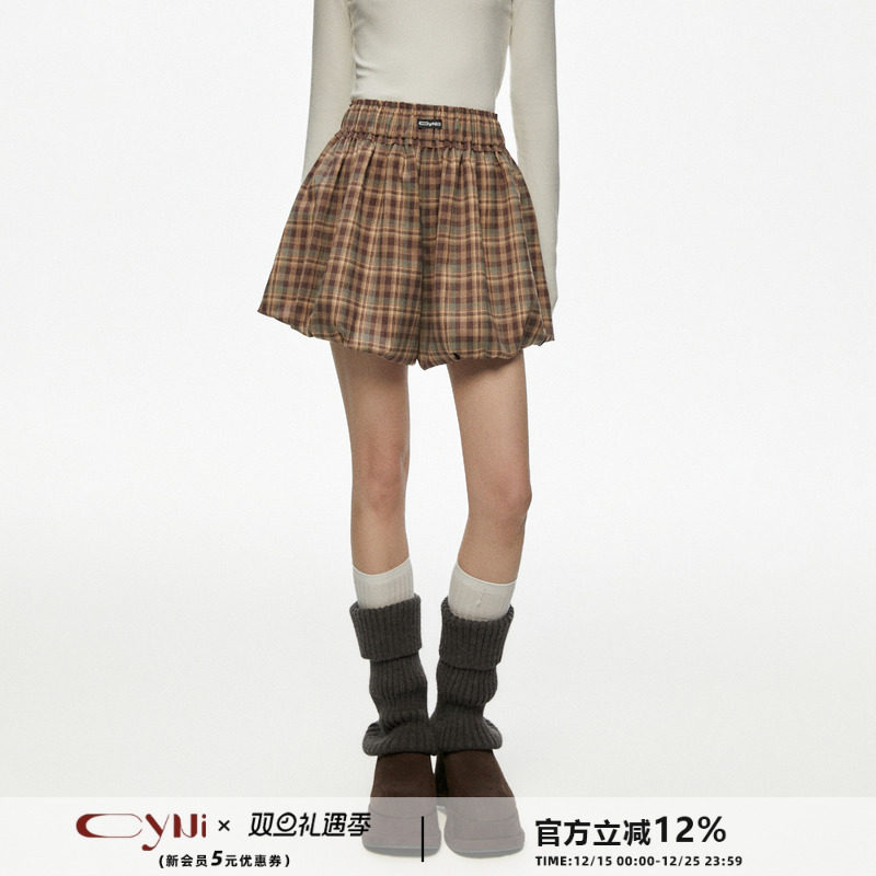 CyNi  复古甜美kiki百搭格子蛋糕裙南瓜蓬蓬短裤女