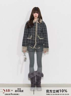 CyNi【格绒絮语】复古宽松插肩袖翻领棉服格子毛呢夹棉毛绒外套女