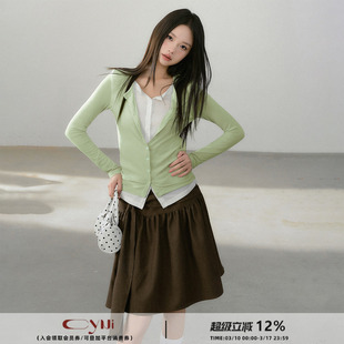 CyNi 【冷泡茶光谱】羊毛混纺撞色修身型上衣软糯叠穿假两件开衫