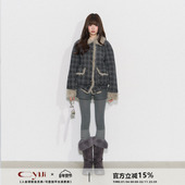 复古宽松插肩袖 CyNi 格绒絮语 翻领棉服格子毛呢夹棉毛绒外套女