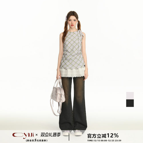 CyNi挂脖格子花边蕾丝连衣裙