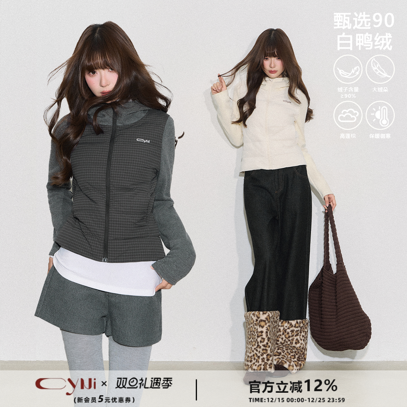 CyNi【薄暖新序】格纹拼接假两件连帽上衣显瘦排骨羽绒服外套