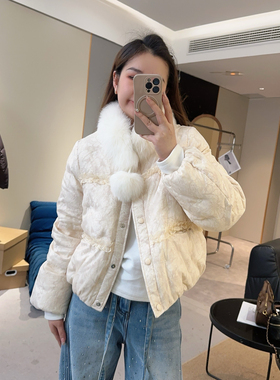 【欧加粒粒】蕾丝花边暗扣圆领狐狸毛围脖90白鸭绒外套TS26011202