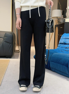 【欧加粒粒】新款休闲黑色R字母圆牌垂感面料直筒裤 N25021201