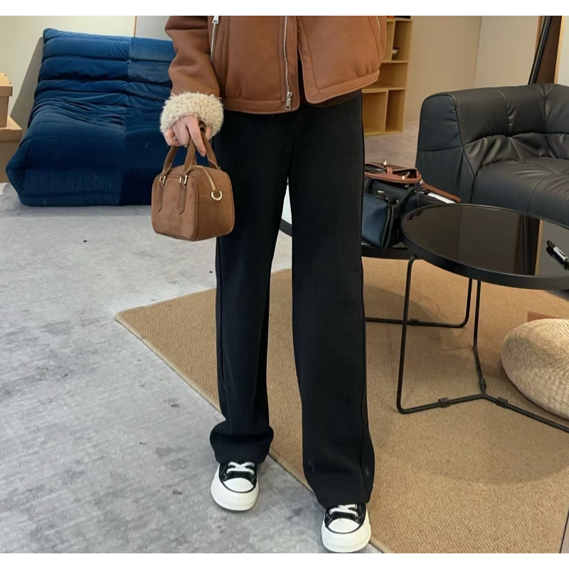 小个子冬季新款显瘦垂感松紧腰百搭窄版加厚气质加绒直筒裤F6828