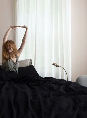 日式简约风高端亚麻四件套黑色春夏季床上用品床单床笠三件套被套