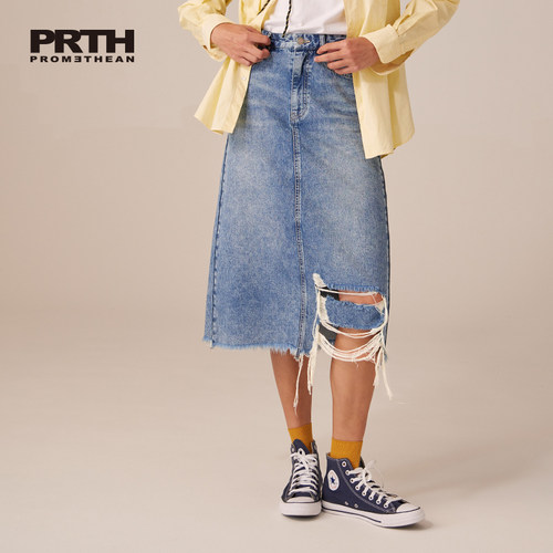 PRTH中长裙A字休闲破洞牛仔裙