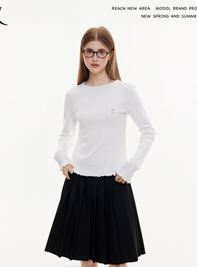 REACH原创春秋新款曲牙圆领打底衫女长袖套头显瘦上衣镂空针织衫