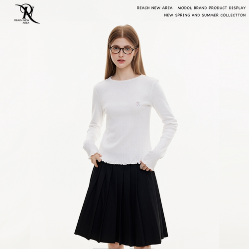 REACH原创春秋新款曲牙圆领打底衫女长袖套头显瘦上衣镂空针织衫