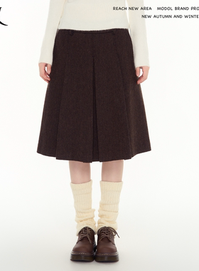 REACH秋冬新款A字型半身裙女毛呢面料高级感修身显瘦百褶裙中长款