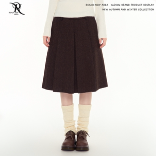 显瘦百褶裙中长款 REACH秋冬新款 A字型半身裙女毛呢面料高级感修身