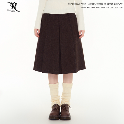 REACH秋冬新款A字型半身裙女毛呢面料高级感修身显瘦百褶裙中长款