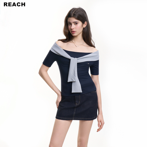 REACH设计感撞色绑带一字肩短袖女夏季新款收腰显瘦百搭上衣T恤