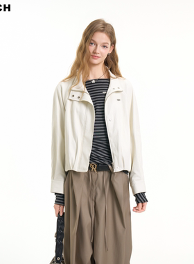 REACH简约高级感白色PU皮衣外套女春新款短款机车皮夹克百搭外套