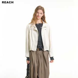 REACH简约高级感白色PU皮衣外套女春新款短款机车皮夹克百搭外套