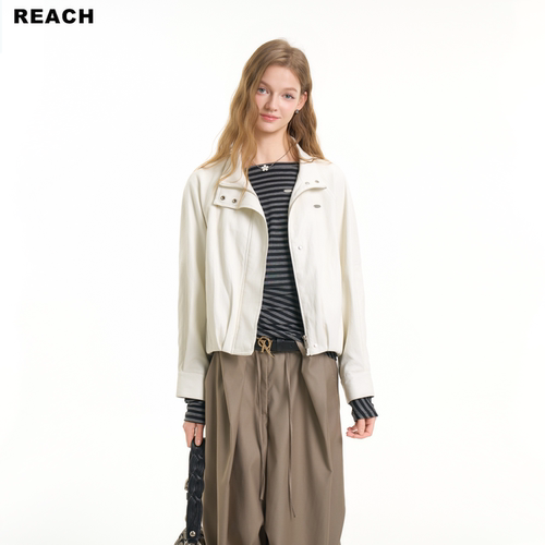 REACH简约高级感白色PU皮衣外套女春新款短款机车皮夹克百搭外套