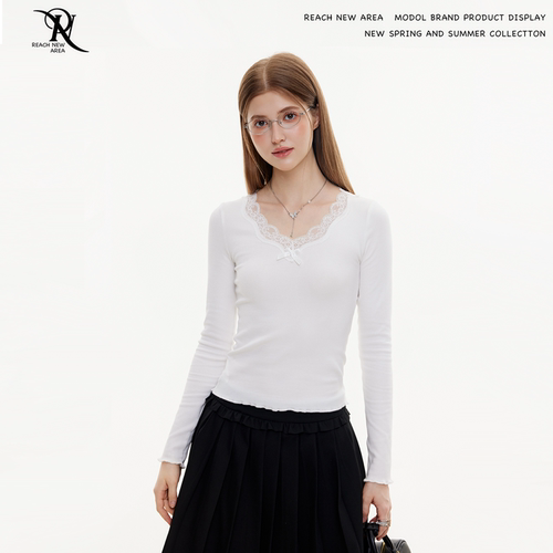 REACH原创春秋新款蕾丝花边V领打底衫女紧身收腰显瘦长袖内搭衣服