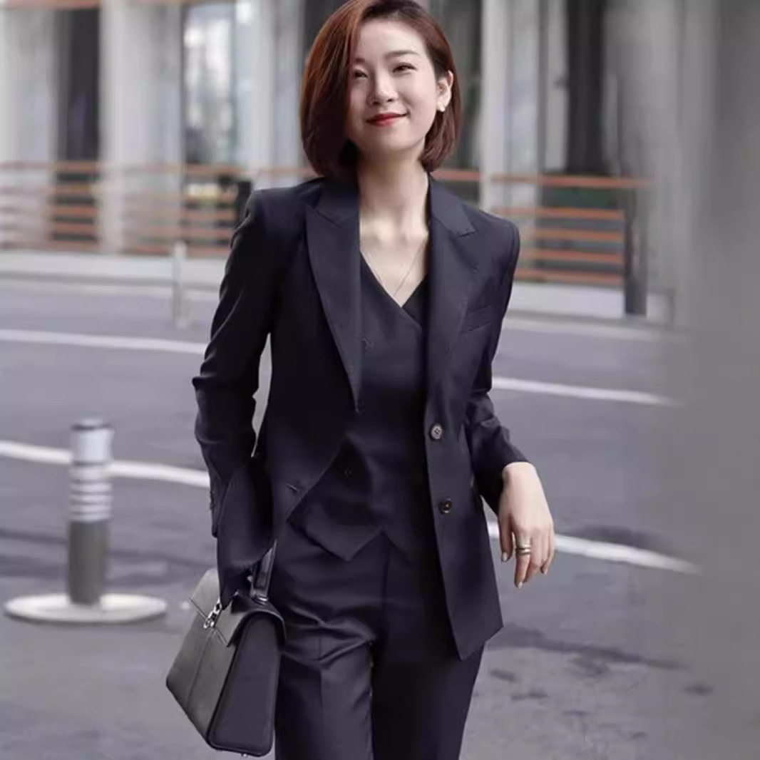 藏青色西装马甲三件套讲师主持职业通勤商务面试装工作西服套装