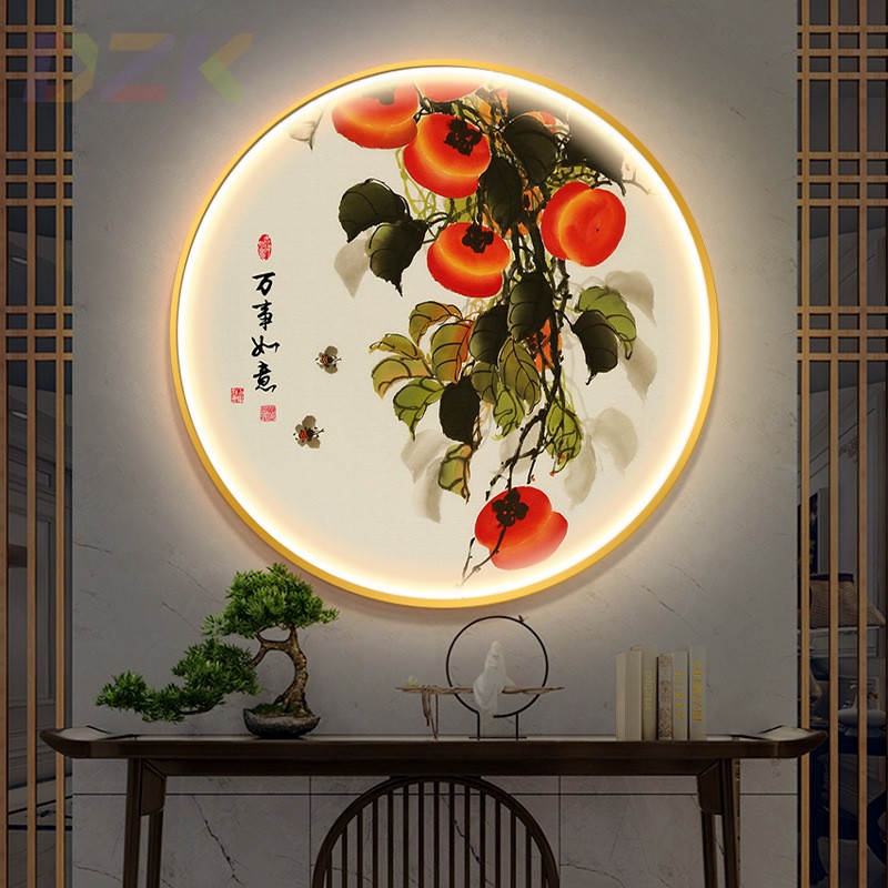 事事如意圆形装饰画新中式入户玄关挂画带灯LED发光客厅餐厅壁n5