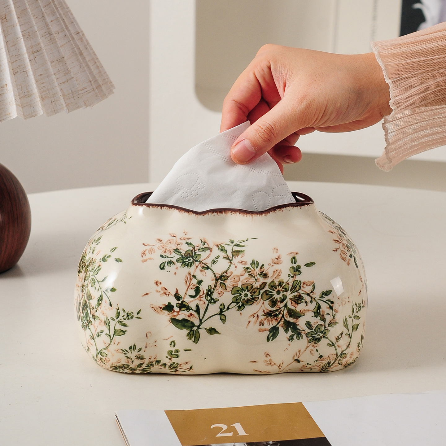 淡雅繁花福袋纸巾盒陶瓷客厅茶几抽纸盒创意高级感餐巾纸盒装饰品