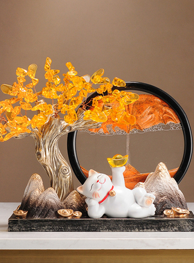 发财树招财进宝摆件招财猫流沙画 画办公室乔迁开 业大吉礼物高档