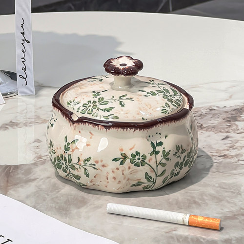 淡雅繁花复古陶瓷烟灰缸家用带盖防飞灰客厅装饰烟缸办公高级摆件