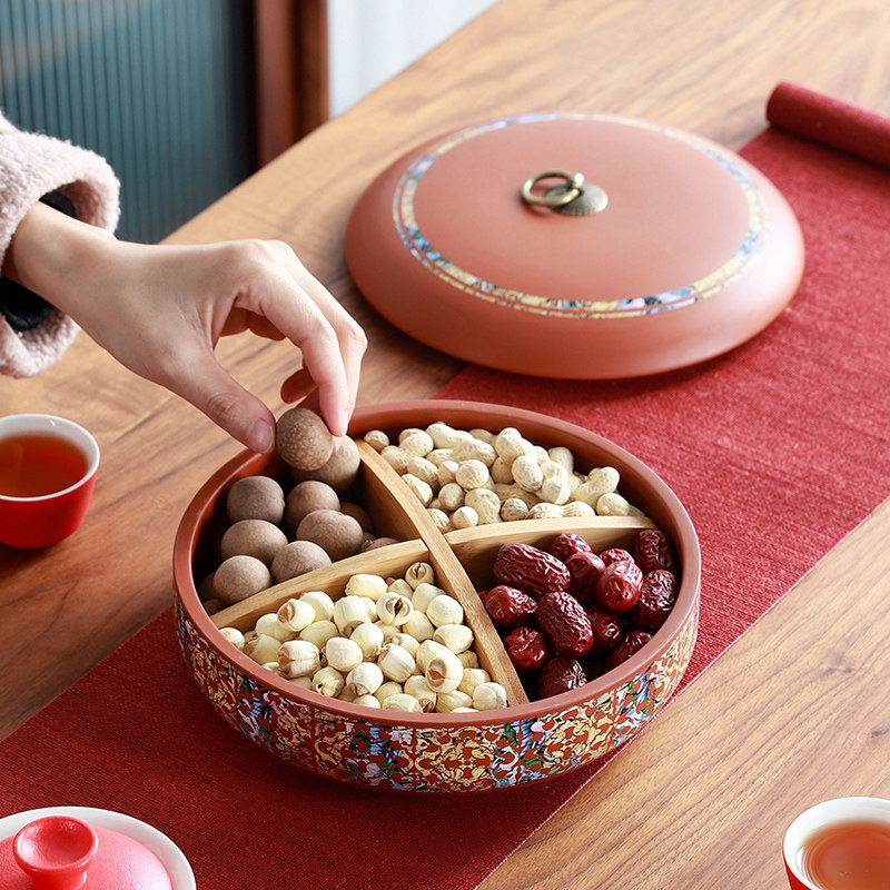陶瓷中式结婚糖果盘干果盘糖果盒子家用客厅茶几分格零食新年过年