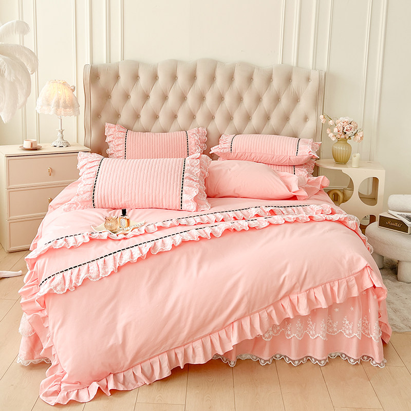 韩版全棉夹棉公主风花边床裙四件套纯棉加厚床罩式床单被套四季款