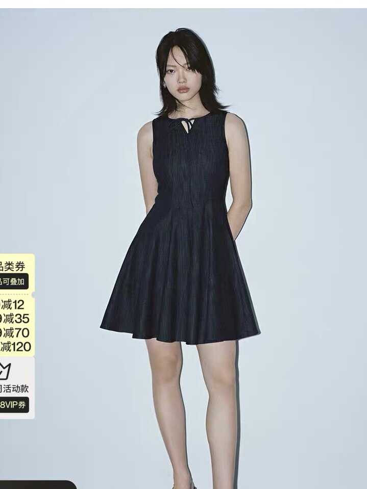 SH&UR2026春季新款女装复古休闲系带牛仔无袖V领连衣裙UYY860093