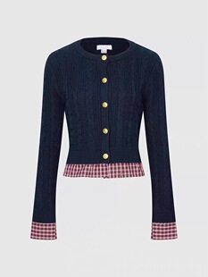 SH&UR2026春季新款女休闲假两件撞色格纹绞花针织开衫UYY960017