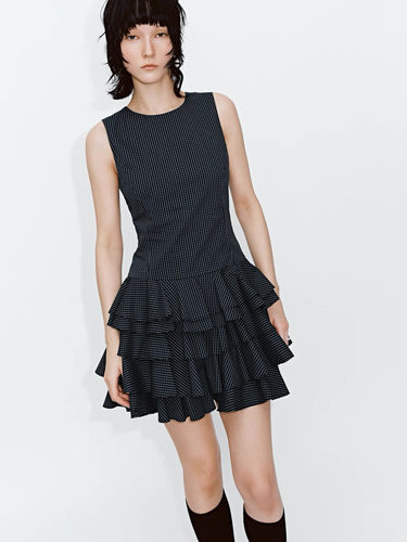 SH&UR2026春季新款女装都市无袖格纹蛋糕裙摆超短连衣裙UYU760031