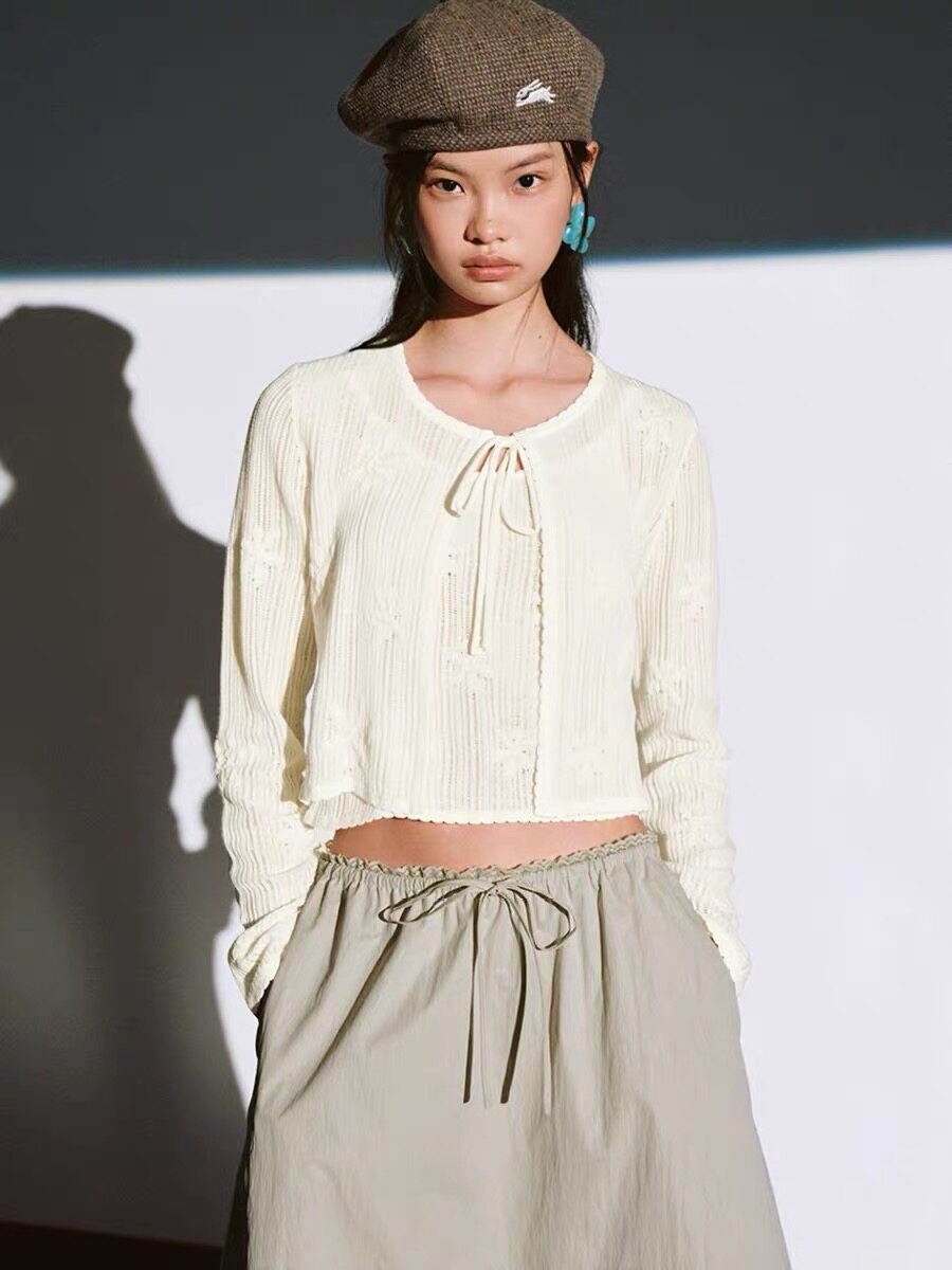 SH&UR2026春季新款女装休闲小花刺绣绑带镂空针织开衫UYL960048