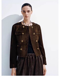 SH&UR2026春装新款女装复古琥珀流光风双排扣皮衣外套UWH150062