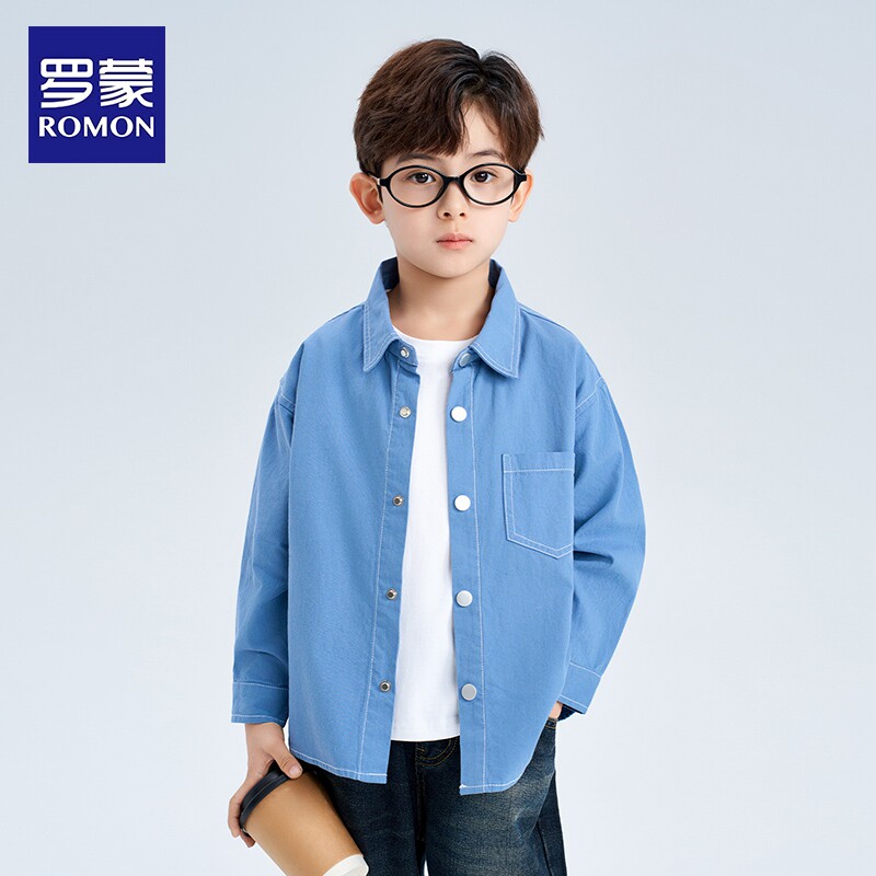 罗蒙儿童牛仔纯衬衫男童长袖百搭衬衣中大童棉休闲男孩上衣春秋款