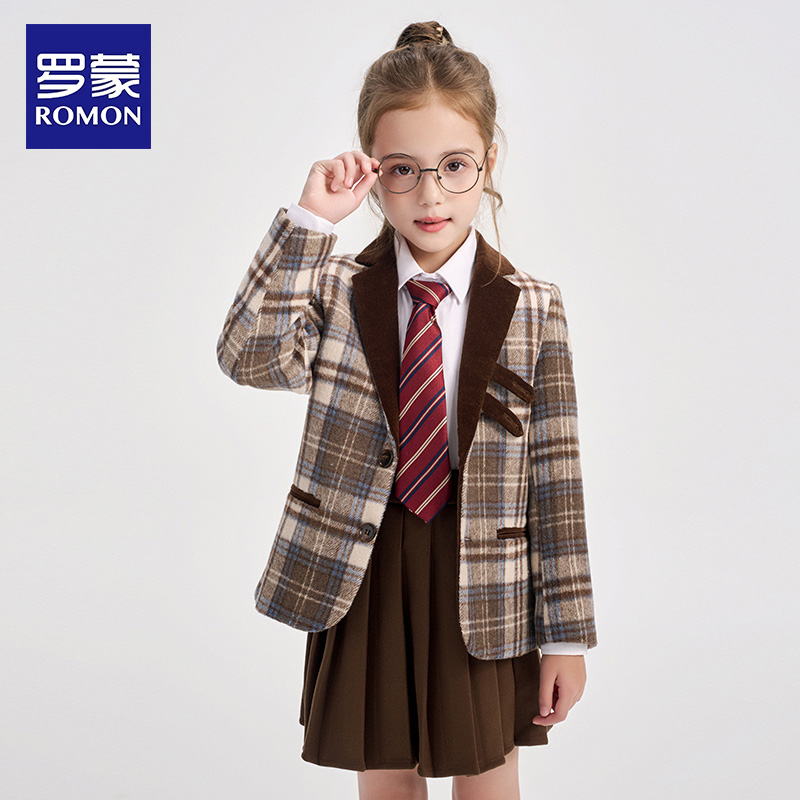 罗蒙女童西装套装儿童学院风秋冬季新款外套女孩百褶裙韩版洋气